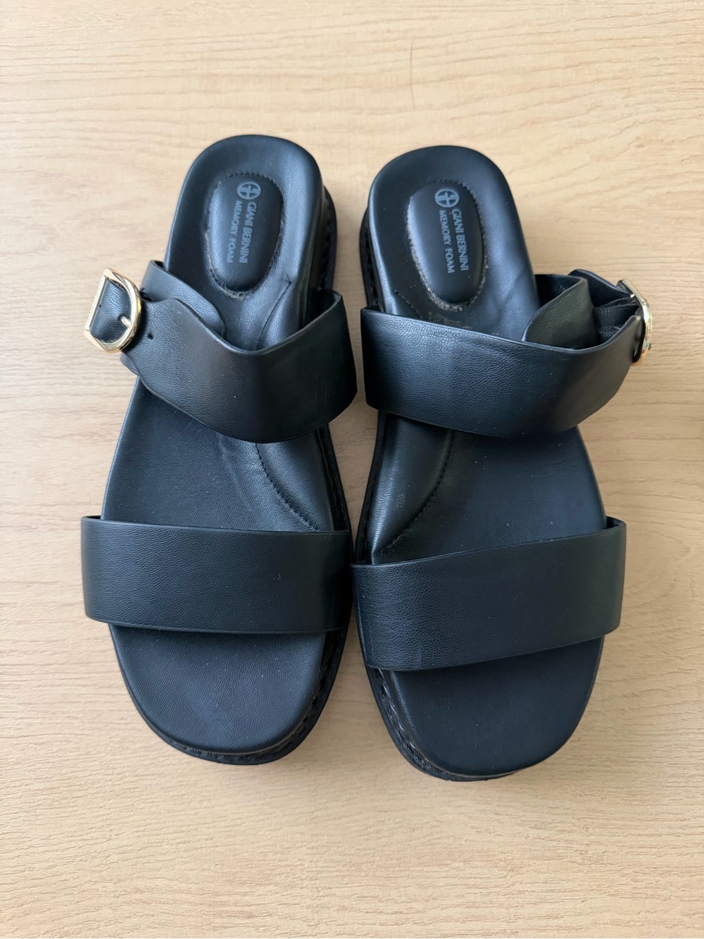Gianni Bini Black Double-Strap Slide Sandals with Gold Buckles